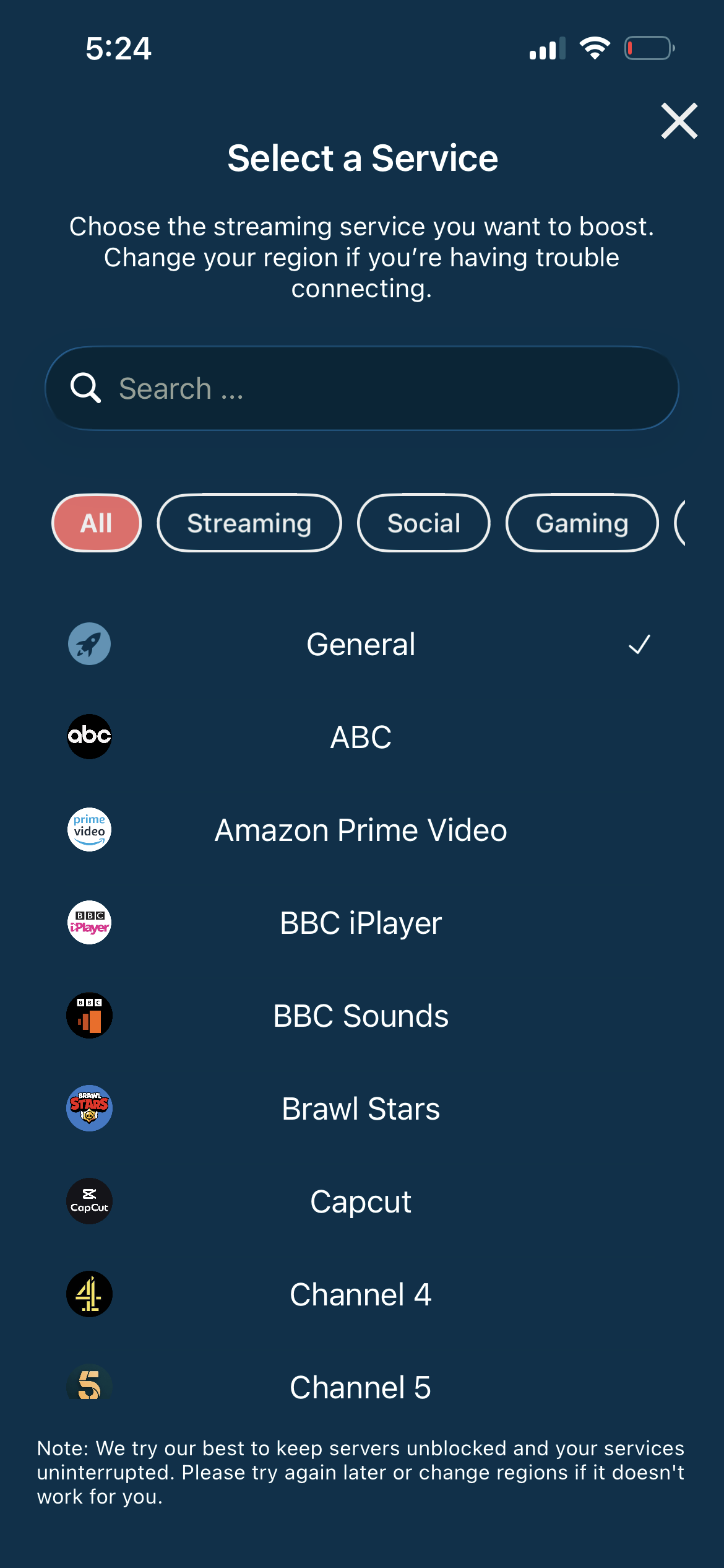 Swiss VPN service selector showing streaming services including Prime Video